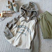 【现货清仓特惠！超值折扣】韩国童装女童秋装连帽T恤工装裤套装