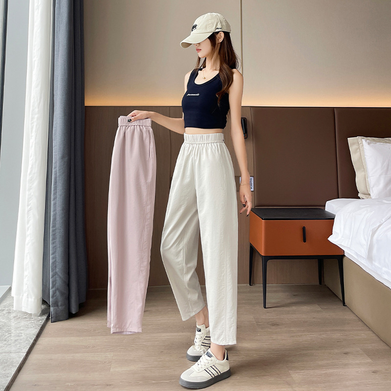 Summer Thin Cropped Pants for Petite Women, Ice Silk Wrinkle-Resistant Lightweight Tapered Casual Breathable Carrot Pants