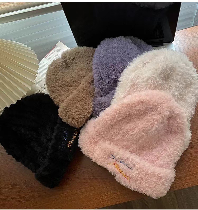 Gorro de felpa para mujer, versión coreana, tejido grueso y cálido, con cara visible, ideal para otoño e invierno._voghion.com