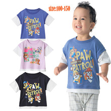 出口日本夏季儿童纯棉短袖T恤卡通小狗男女童半袖撞色落肩宽松T恤