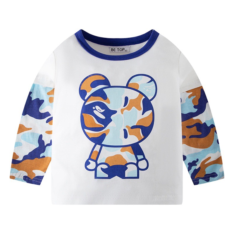 Ropa infantil nueva de otoño 2025, camiseta de manga larga para niños con diseño de oso de camuflaje en bloques de color, cuello redondo de algodón puro, top infantil.