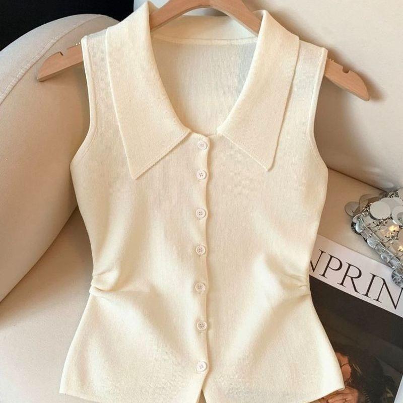 Solid color polo collar sleeveless top for women, new summer style, single-breasted knitted cardigan, collared top, vest, small waistcoat