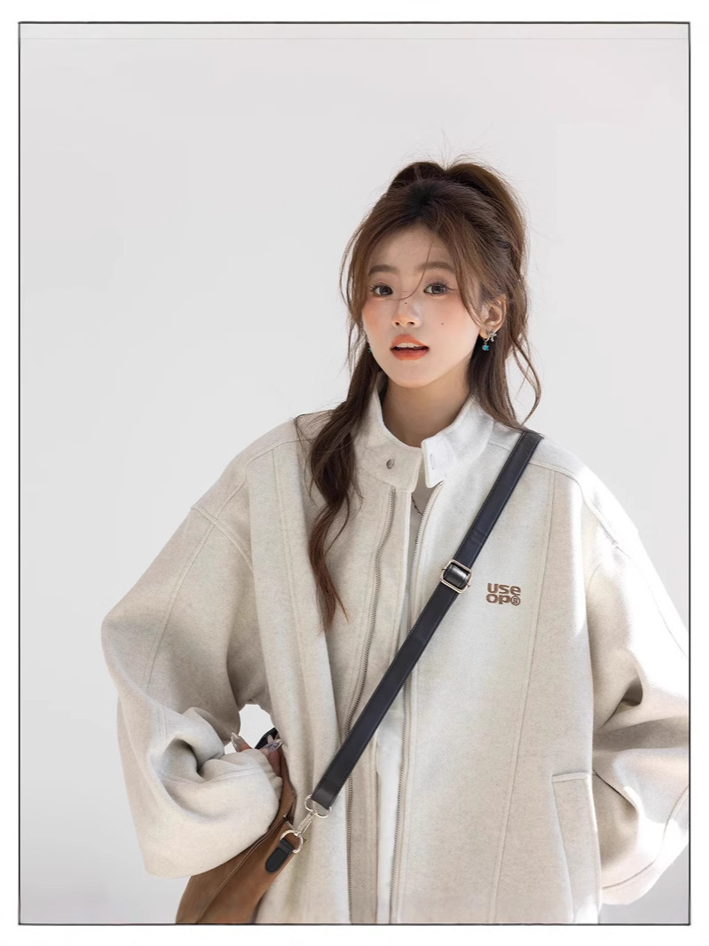 "CHANT2nd" American-style relaxed chic wool coat for women, spring and autumn, letter embroidery top, stand collar jacket.
