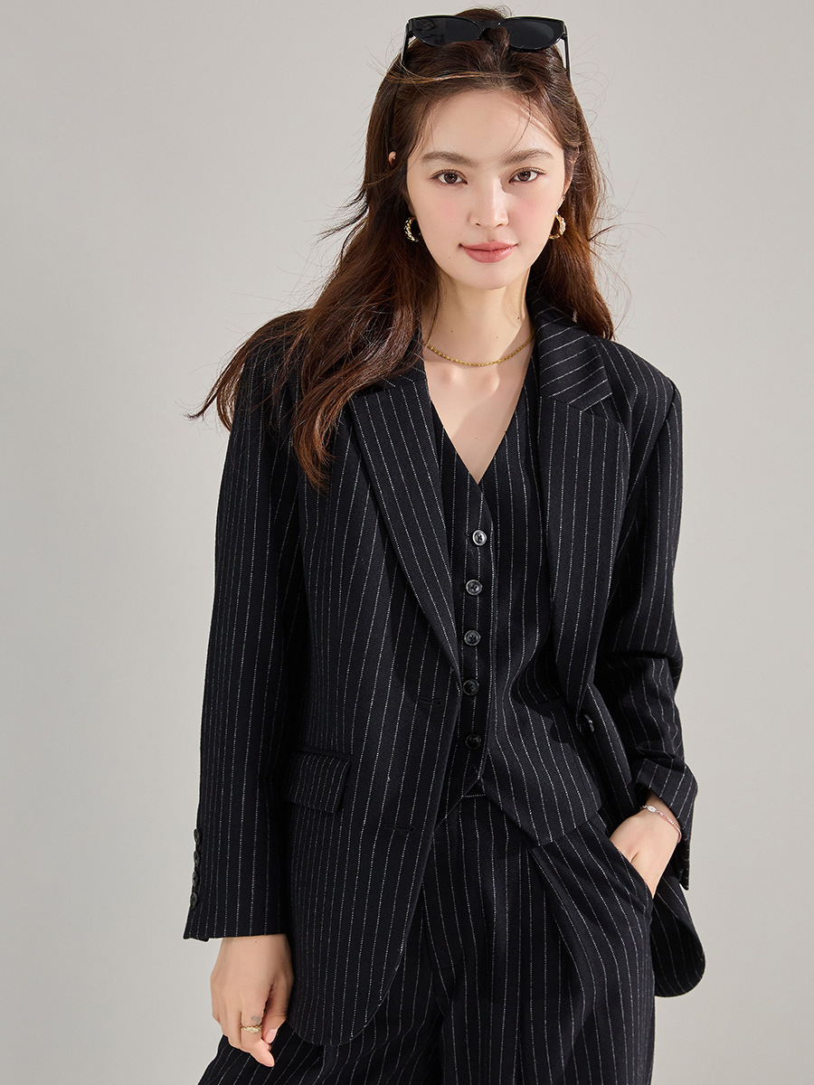 Blazer de Lana a Rayas de Corte Holgado para Oficina image 1