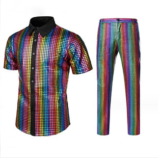 (Cross-border trading), glossy shirt, trousers, set, city style