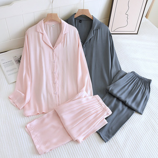Satin cotton silk couple pajamas suit women's spring and summer smooth thin men's lapel long sleeve trousers home wear