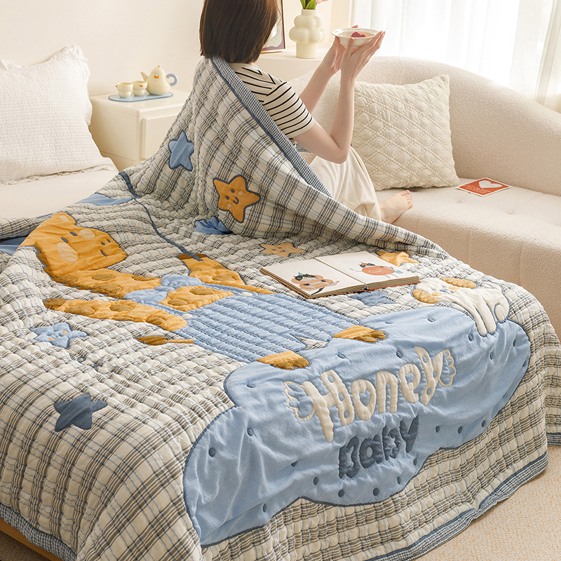 Blue giraffe [10-layer cotton cloud muslin - ultra soft & moisture-wicking] / 150x200cm multifunctional cotton single blanket about 1.5kg