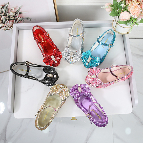 Girls' Leather Shoes High Heels  Spring Rhinestone Bow Little Princess Model Crystal Single Shoes Sequined Children's Shoes for Women