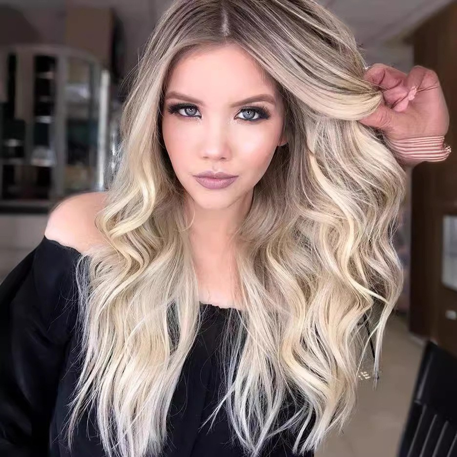 Transfronterizo nuevo estilo europeo y americano gradiente medio gradiente amarillo gradiente gris mujer medio cabello largo y rizado gran peluca ondulada