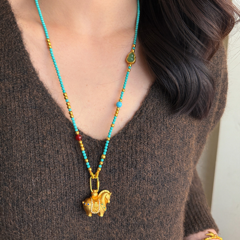 Turquoise Beaded Pony Pendant Necklace for Women, Summer Accessory, Long Sweater Chain, Light Luxury, High-End Vintage Jewelry Turquoise Beaded Pony Pendant Necklace for Women, Summer Accessory, Long Sweater Chain, Light Luxury, High-End Vintage Jewelry