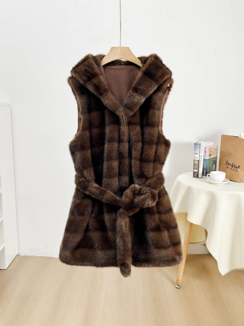 Aliexpress nuevo cinturón de comercio exterior chaleco chaqueta de rayas horizontales de visón chaqueta con capuzas estilo corto delgado