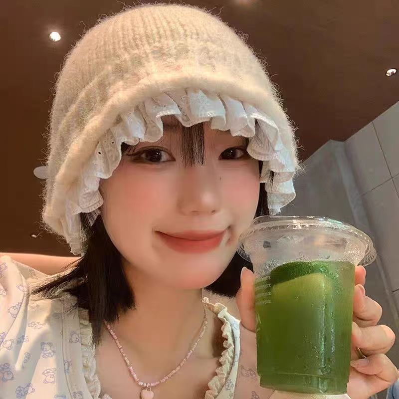 蕾丝花边盆帽针织渔夫帽女秋冬韩系水桶帽显脸小毛线帽大头围帽子|undefined