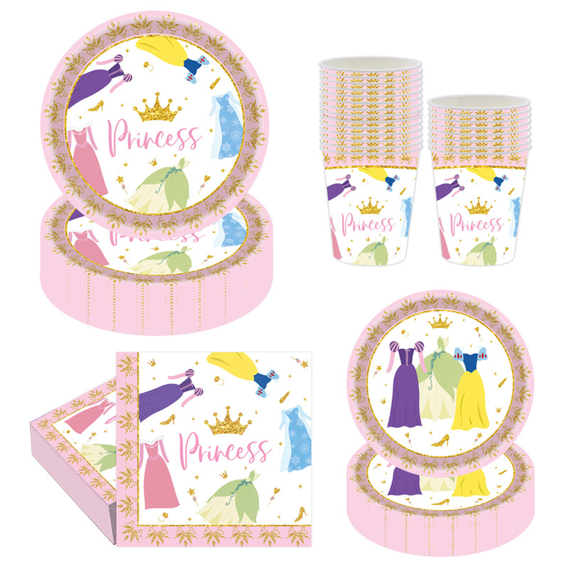 Princess Edge Wipe Theme Holiday Birthday Party Disposable Tableware Paper Tray Paper Cup Tissue suit