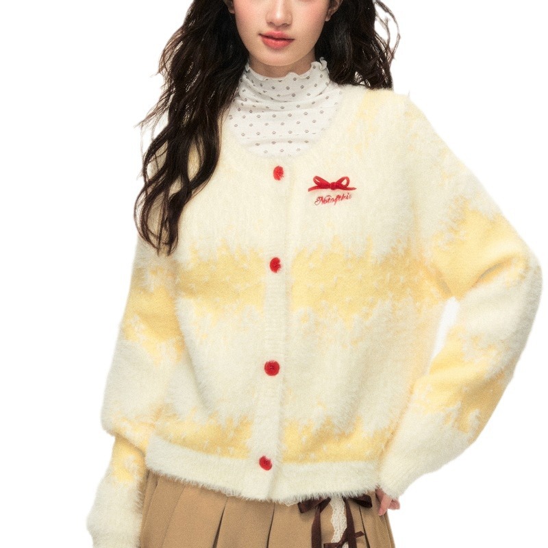 Amarillo lechoso largo cabello gradiente rayas sueltas cardigan de punto universal arco dulce suéter de viento perezoso abrigo mujer image 6
