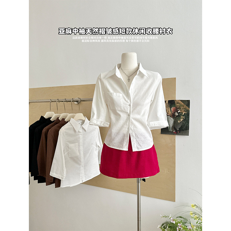 100 Cotton and Linen Mid-Sleeve Shirt for Women 2025 Summer New Natural Pleated Shirt Waist Top