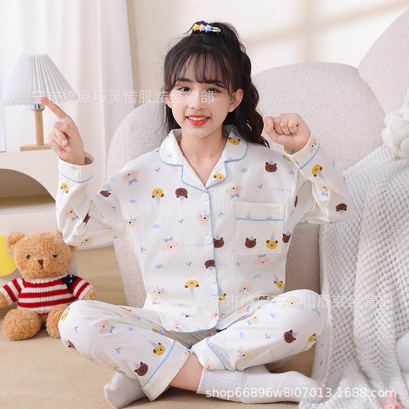 Pijama de niñas primavera y otoño dibujos animados tela espuma de tela delgada manga larga lindo ropa para niños de tamaño medio y grande ropa para el hogar