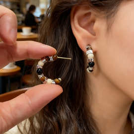 小众高级感美拉德天然仿虎眼石圈圈耳环女法式轻奢设计感耳钉耳饰