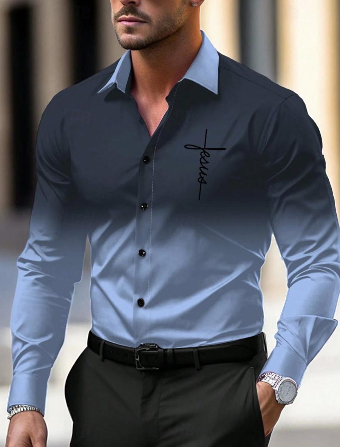 2024 nuevo estilo comercio exterior europeo y americano casual salvaje tendencia de moda color degradado camisa de manga larga para hombre MB12