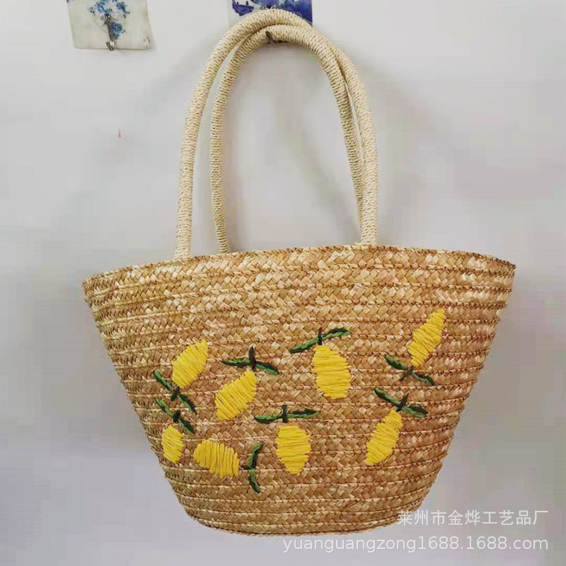 Wheat straw embroidered woven bag lemon mango pattern casual shoulder bag embroidered women's bag crossbody portable straw bag