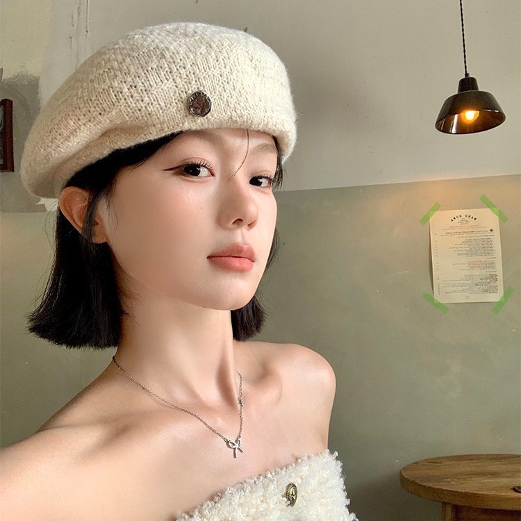 日系文艺复古纯色针织贝雷帽女透气显脸小画家帽韩系百搭蓓蕾帽子|undefined