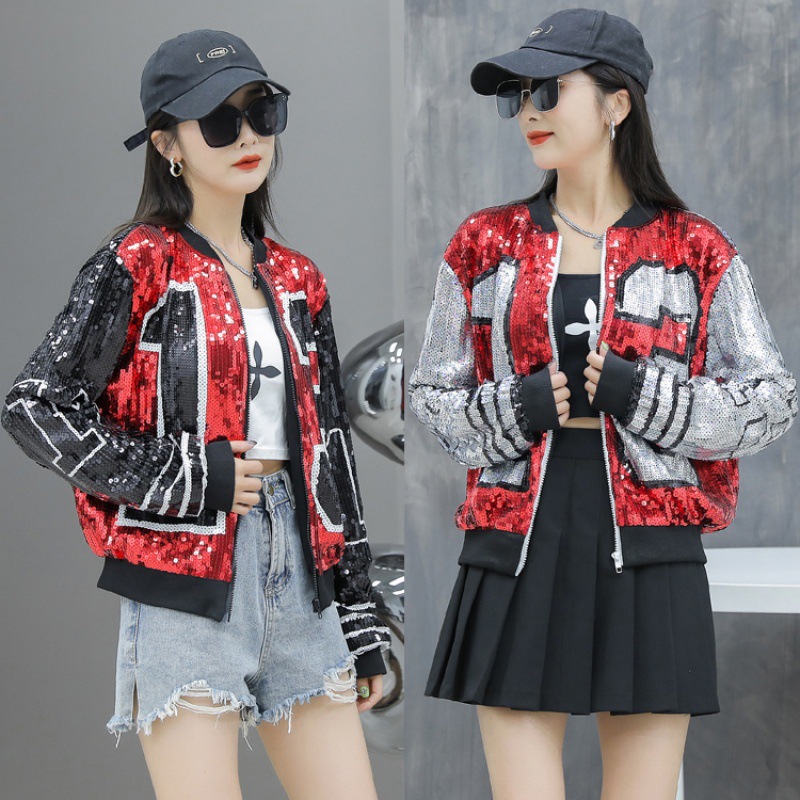 2026 sequined baseball jacket for women, new spring and autumn style, trendy European design, unique and versatile short style.