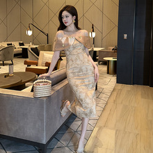 晚礼服女2025夏季新款女装法式一字领钉珠修身包臀连衣裙21397