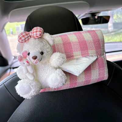 Car Seat Back Tissue Box: Car tissue box/set - pink-bow-bear-plaid-paper-tissue-pink