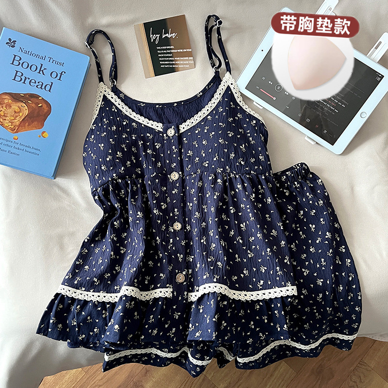 2025 New Summer Pajamas for Women, Cloud Cotton Suspenders with Breast Pads, Sweet and Cute Outing Home Clothes Set for Women
