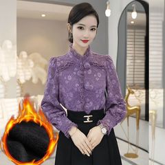 秋冬感丝绒长袖衬衫女2025新款漂亮加厚紫色蕾丝内搭上衣