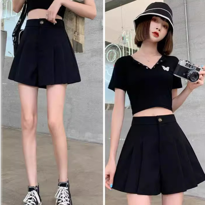 Pleated Suit Shorts Women's Summer 2024 Thin Small High Waist Wide Leg Pants Skirt Commuter Wear A- line Hot Pants