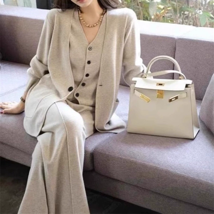 Демисезонный комплект, кардиган, жилет, брюки, французский стиль, oversize, набор из 3 предметов