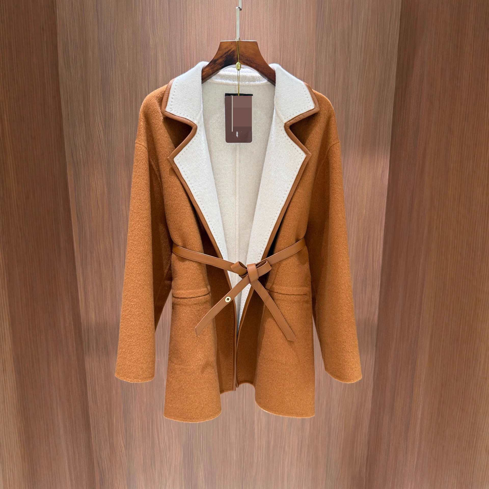 LP2025秋季简约双面羊毛呢大衣中长款配真皮腰带双色羊绒外套开衫