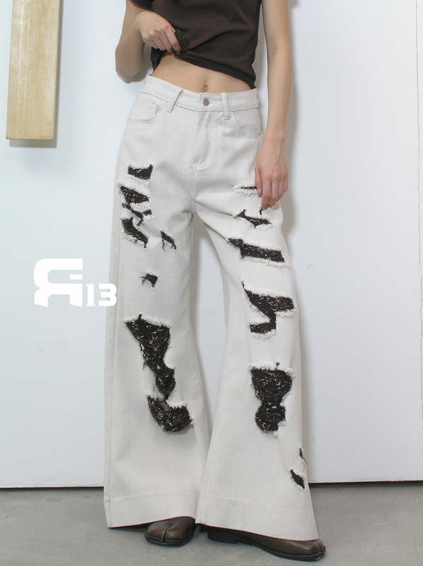 R13 Thirteen Lines 2025 新しい夏スタイルのルーズニッチホワイトファッショナブルなストリートリッピングワイドレッグジーンズ|undefined