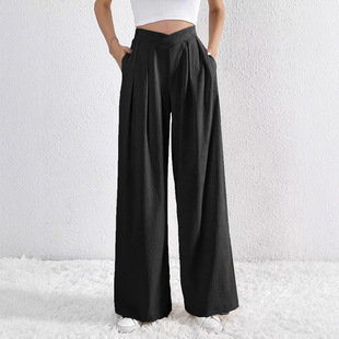 Spot Amazon temperament, commuting folds, high waist wide -leg casual trousers women's versatile thin cross waist