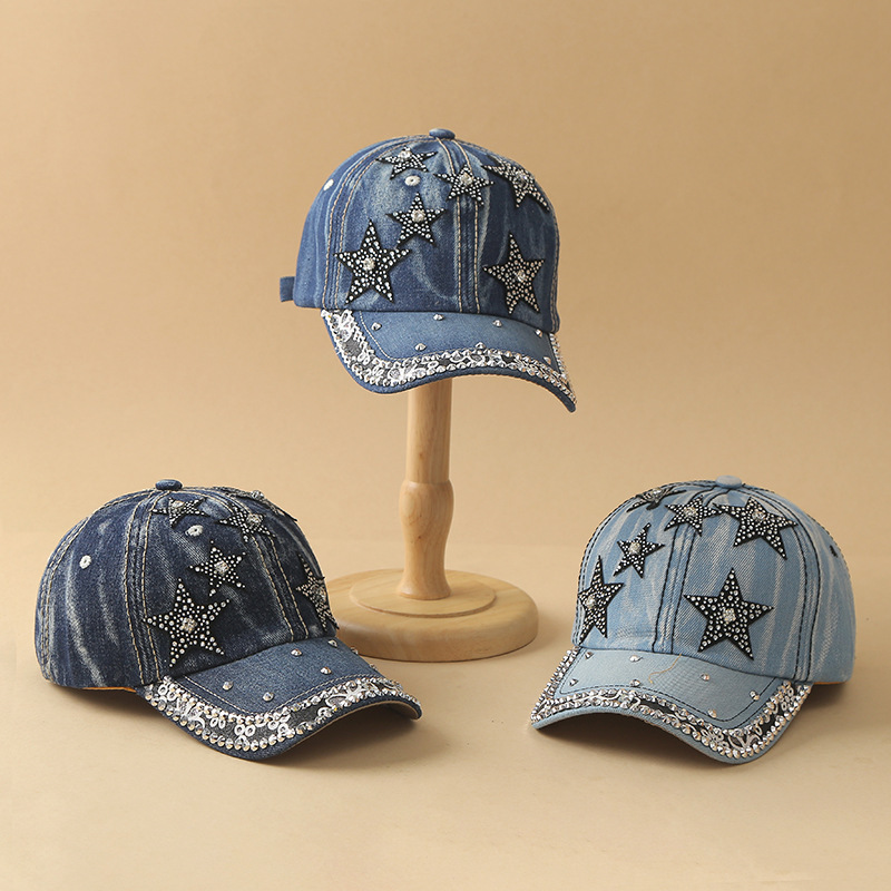 Fashion Pearl Denim Baseball Cap Spring and Summer Versatile Colorful Diamond Women's Sun Protection Visor Hat Manufacturer Wholesale