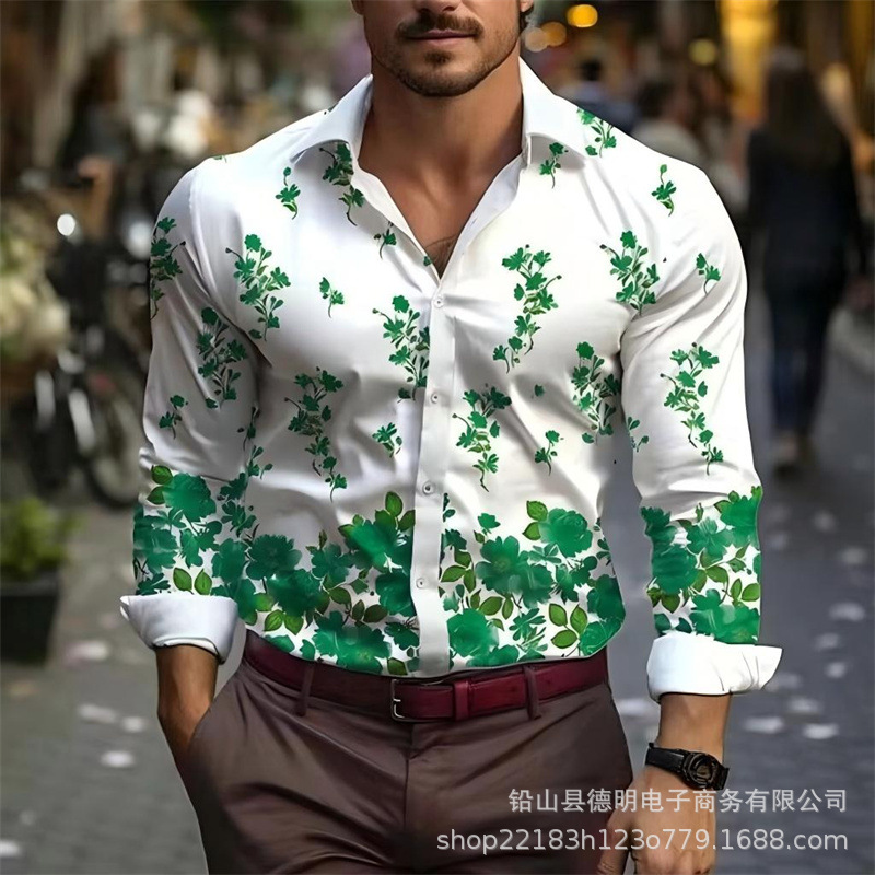 男士长袖衬衫 翻领 单排扣 数码印花 休闲舒适