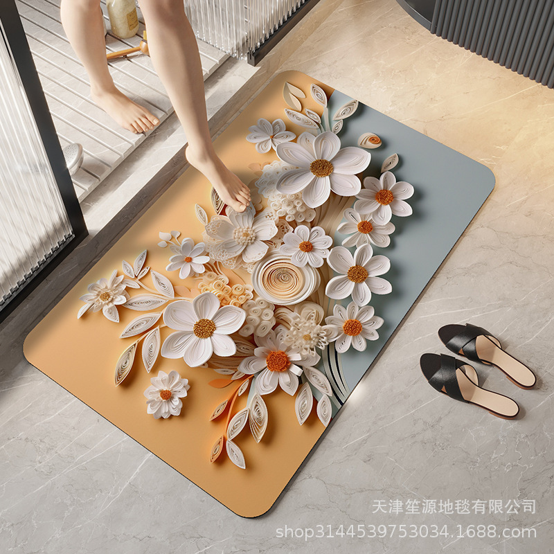 跨境硅藻泥立体花卉地垫浴室防滑垫家用卫生间进门入户速干软脚垫|undefined