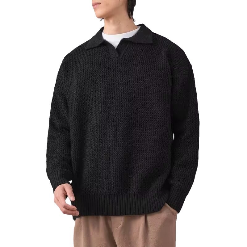 멀티 컬러 한국 스타일 곡선 골판지 질감 폴로 니트 셔츠 간단한 올 매치 가을 커플 옷깃 스웨터 트렌디 브랜드 남성용