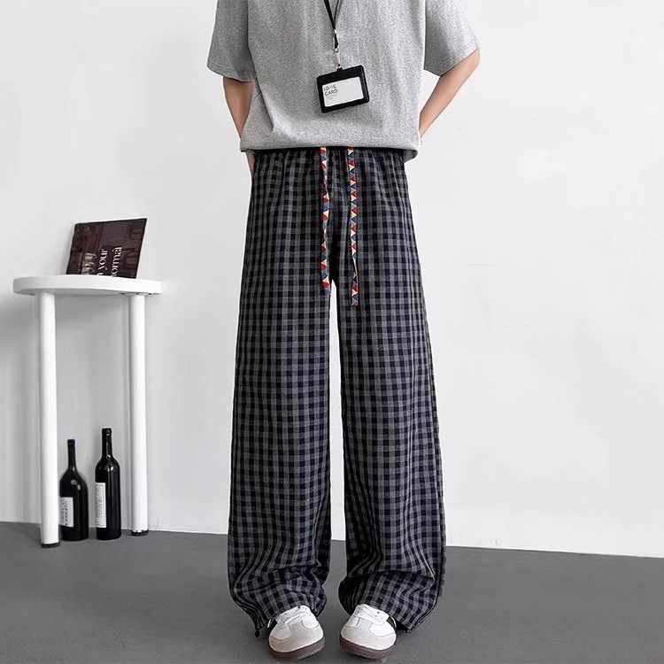 Plaid Pants Men's Summer Loose Can Be Worn Outside Floor-Length Pants Korean Style New Bf Lazy Men's Casual Pants