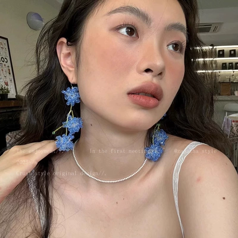 Blue beaded bracelet, earrings, flowered, light luxury style, high-quality style