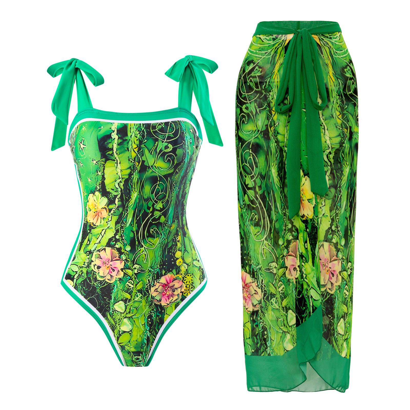 Retro-Badeanzug-Set mit hohem Kragen – Bescheidener Einteiler mit Rocküberwurf (S-XL) – Bademode aus Polyester mit Blumenmuster für Damen_voghion.com