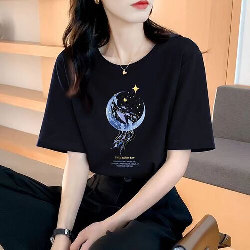 Cotton Loose Short Sleeve T-shirt for Women - Summer New Arrival, Beautiful Top with Moon Print Design, Round Neck for Spring and Autumn