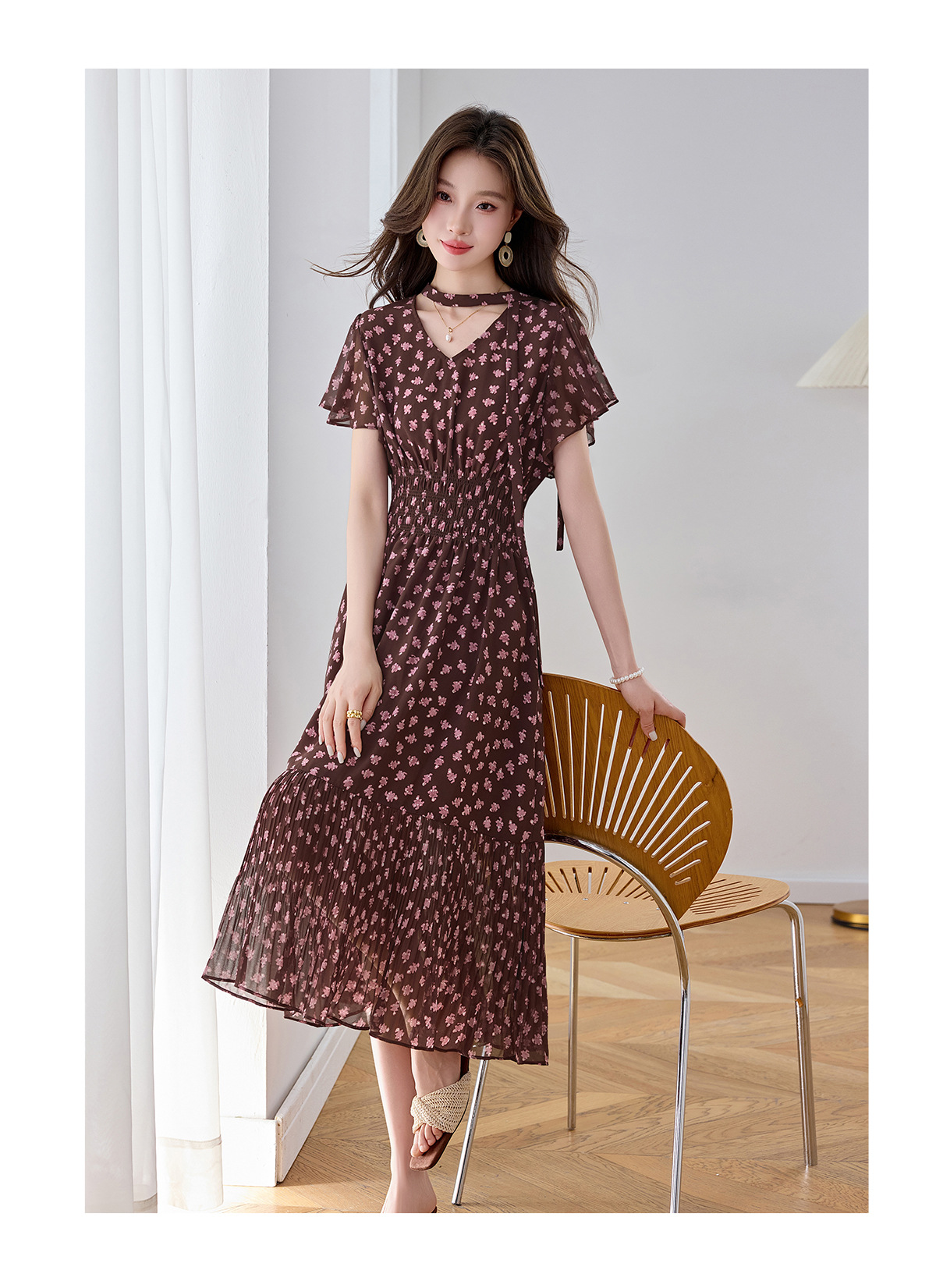 Đầm maxi nữ họa tiết hoa nhí thắt eo dáng chữ A dài quá gối — màu đen, màu hồng chi tiết 15