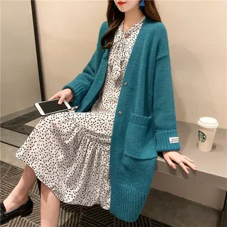 慵懒风外套中长款女韩版过膝宽松外搭领纯色针织开衫百搭毛衣女潮