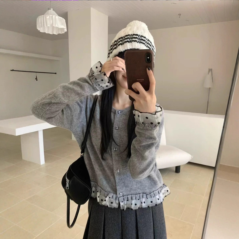 Korean Sweet Lace Color-Blocked Knitwear Women's Knitwear Cardigan Autumn and Winter Loose Lazy Style Short Top