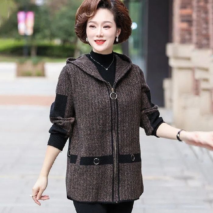 胖妈妈秋冬装双面绒连帽外套中老年人春秋加肥气质毛衣拉链上衣|undefined
