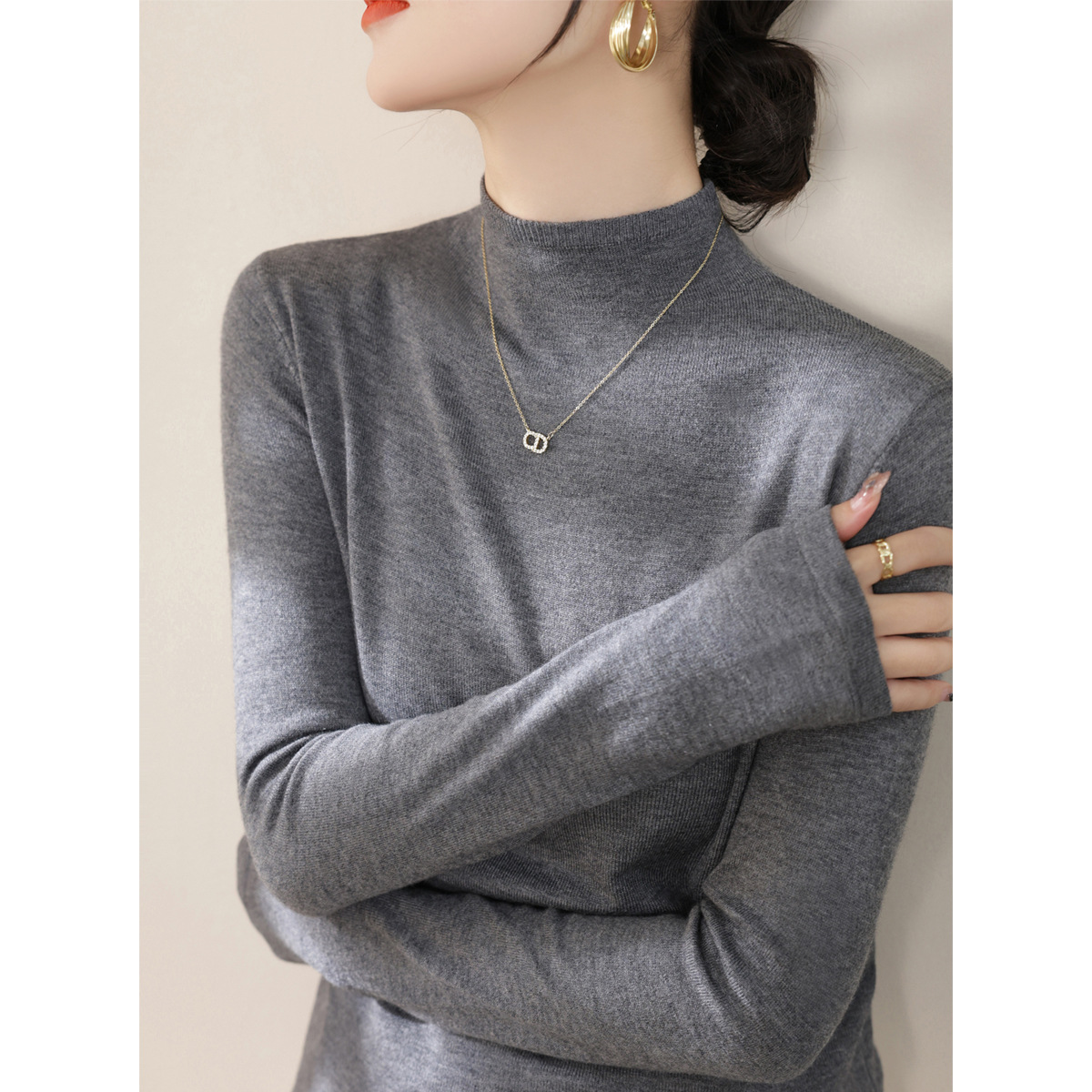 Wool Autumn and Winter Slim-fit Long-sleeve Inner Knit Sweater 2024 New Semi-high Neck Solid Color Base Top Women's Wear