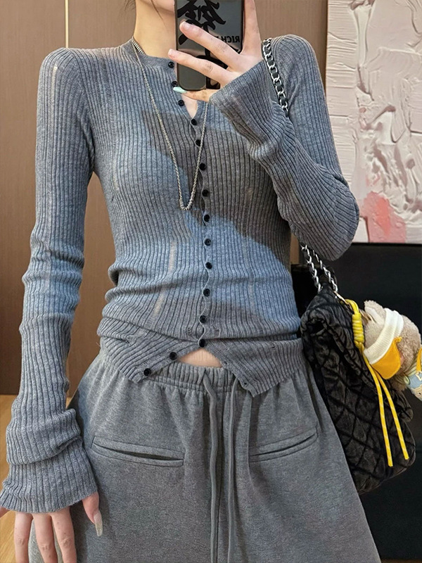 韩系氛围感穿搭灰色v领针织开衫女早秋慵懒宽松系带毛衣外套上衣|undefined