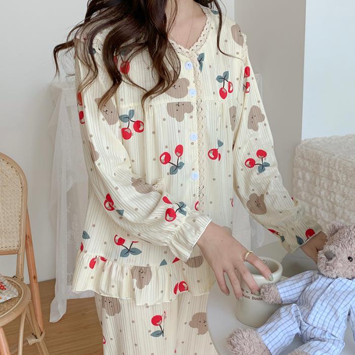 Pijamas de Manga Larga para Otoño e Invierno con Relleno en el Pecho para Mujer, Estilo Coreano 2025, Lindo Traje con Flores Pequeñas, Ropa de Dormir para Estudiantes