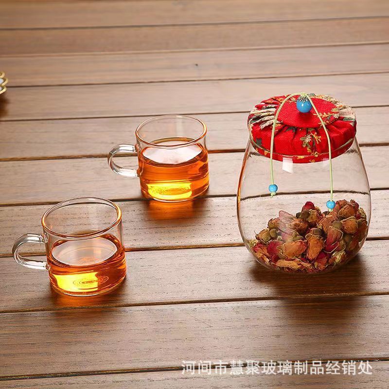 ガラス製茶瓶、レトロな布蓋付き密封瓶、保存瓶、キャンディー・穀物収納瓶、バラの花茶瓶、ギフト|undefined